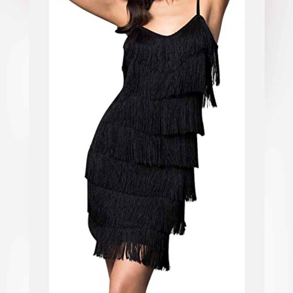 Vintage 90’s Black Flapper Dress 20’s Style Fringe all over Swings Fun! …